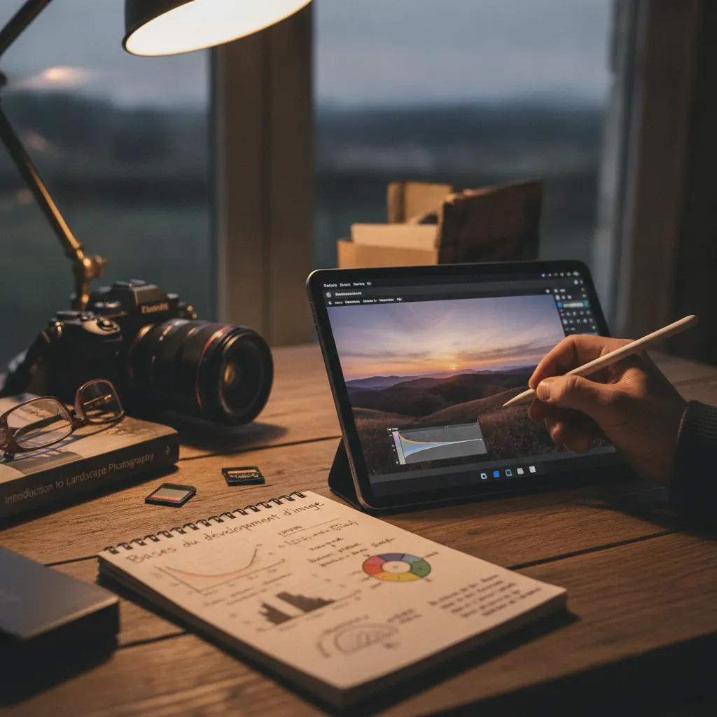 Interface de traitement : contrôle de l'histogramme et corrections d'objectif